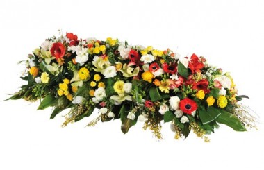 image de la composition de fleurs pour enterrement dans les tons jaune, rouge & blanc Comète