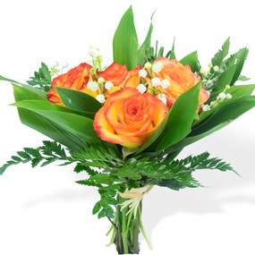 mosaïque : vue sur le bouquet de muguet et roses orange