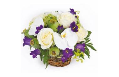L'Agitateur Floral | image du panier de fleurs dans les tons blanc et mauve Sourire