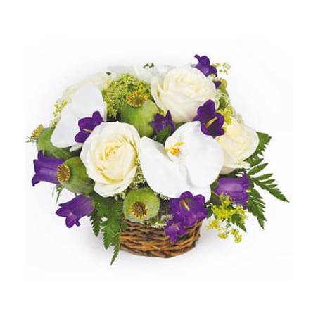 L'Agitateur Floral | image du panier de fleurs dans les tons blanc et mauve Sourire