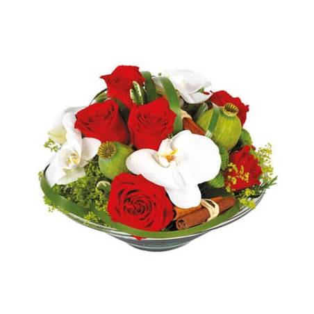 L'Agitateur Floral | image de la composition de roses rouges et orchidées blanches Perle de Rose