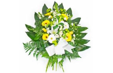 L'Agitateur Floral | image de la gerbe de fleurs de deuil dans les tons jaune et blanc
