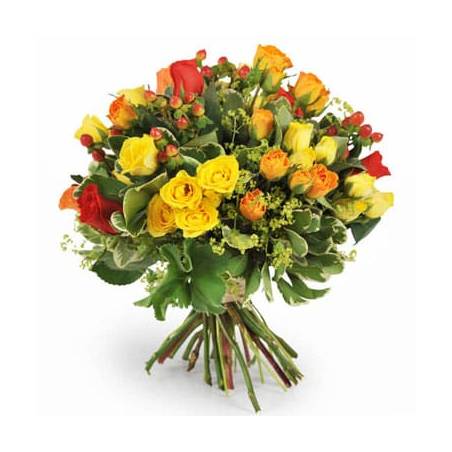 L'Agitateur Floral | image du bouquet coloré de roses jaunes, oranges & rouges