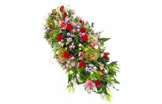 Image du Dessus de cercueil rose, mauve et rouge "Athéna" | L'Agitateur Floral
