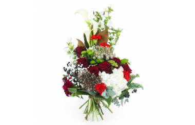 image de la Gerbe de fleurs à la main rouge et blanche "Hermès" | L'Agitateur Floral