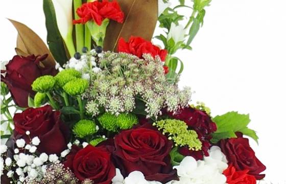 image de la Gerbe de fleurs à la main rouge et blanche "Hermès" | L'Agitateur Floral