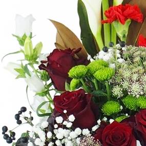 image de la Gerbe de fleurs à la main rouge et blanche "Hermès" | L'Agitateur Floral