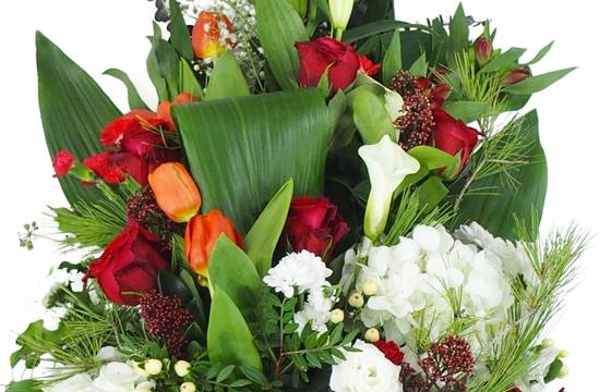 image de la Gerbe de fleurs à la main rouge et blanche "Hestia" | L'Agitateur Floral