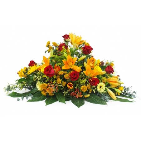 image de la Raquette de deuil orange & rouge "Hélios" | L'Agitateur Floral