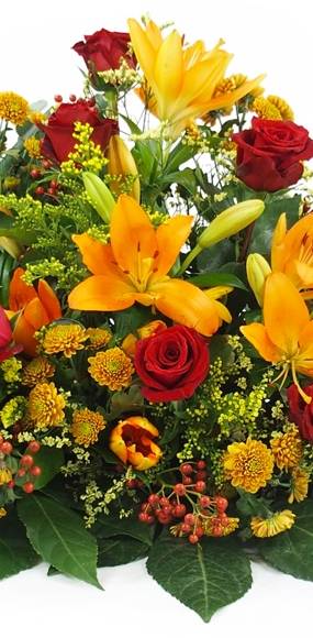 image de la Raquette de deuil orange & rouge "Hélios" | L'Agitateur Floral