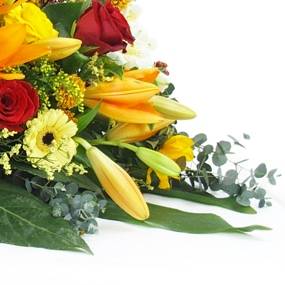 image de la Raquette de deuil orange & rouge "Hélios" | L'Agitateur Floral