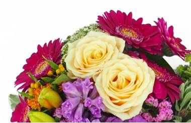 autre zoom du Cœur de fleurs fuchsia, orange & mauve "Périclès" | L'Agitateur Floral