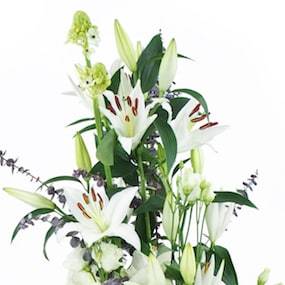 Zoom fleurs de lys de la composition en hauteur conique de fleurs blanches "Zéphyr" |  L'Agitateur Floral