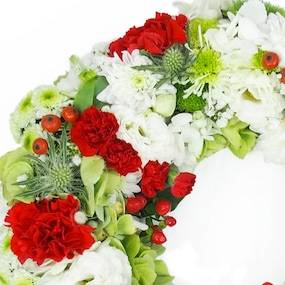 Zoom 1 de la petite couronne de fleurs rouges & blanches "Amon" | L'Agitateur Floral