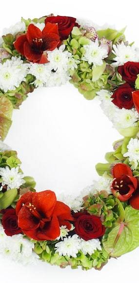 Zoom milieu de la Couronne de fleurs rouges & blanches "Apollodore" | L'Agitateur Floral