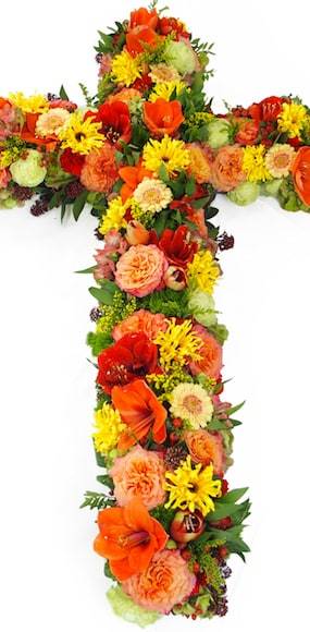Zoom image 3 de la Grande croix de fleurs rouges, oranges & jaune "Céléos" |  L'Agitateur Floral