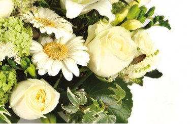 zoom sur des germinis et roses blanches de la composition florale