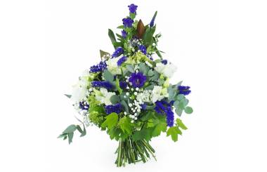image de la Gerbe de fleurs à la main blanche et bleu "Poséidon" | L'Agitateur Floral