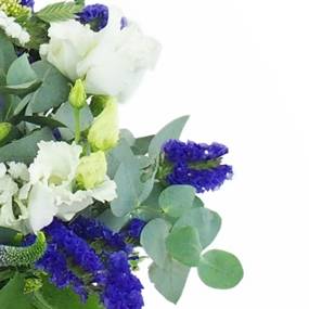 zoom de la Gerbe de fleurs à la main blanche et bleu "Poséidon" | L'Agitateur Floral