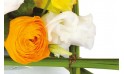 zoom sur un renoncule orange et lysianthus blanc