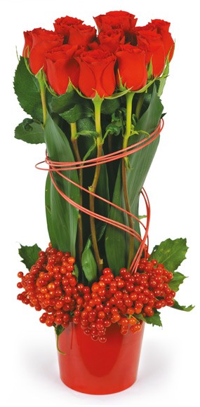 mosaïque : image de la composition florale de roses rouges flamme