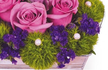 vue sur une roses fuchsia et les décoration de la composition de roses victoria