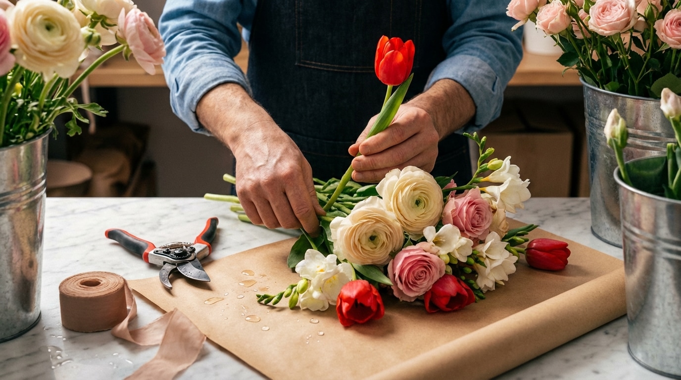 Composition bouquet mars fleurs saison artisan