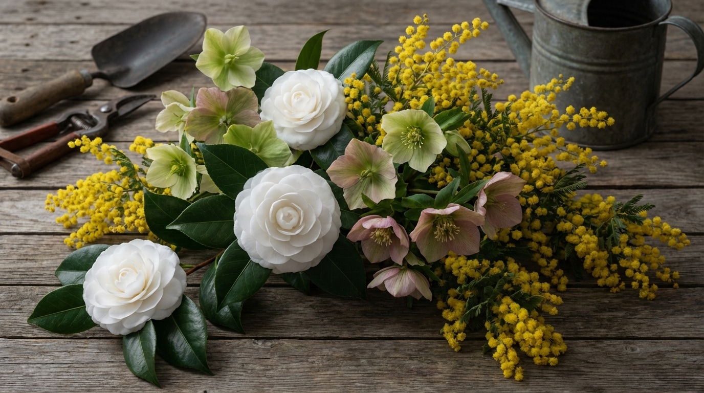 Hellébores camélias mimosa fleurs hiver finissant