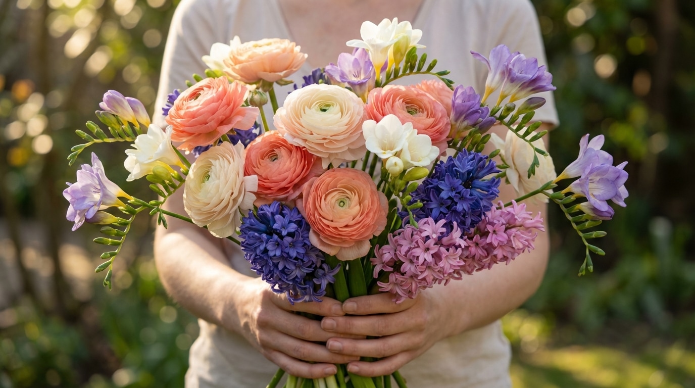 Renoncules freesias jacinthes fleurs printemps colorées