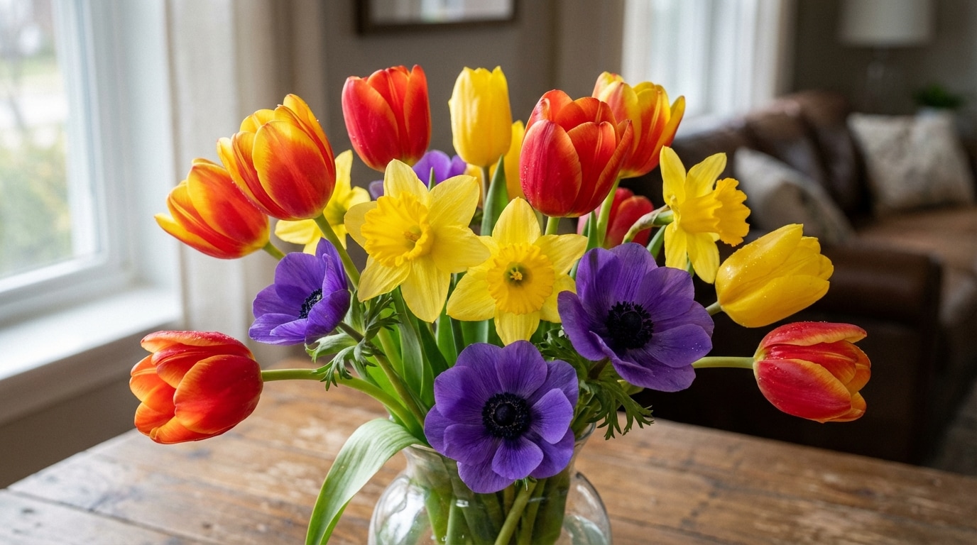 Tulipes jonquilles anémones bouquet fleurs mars