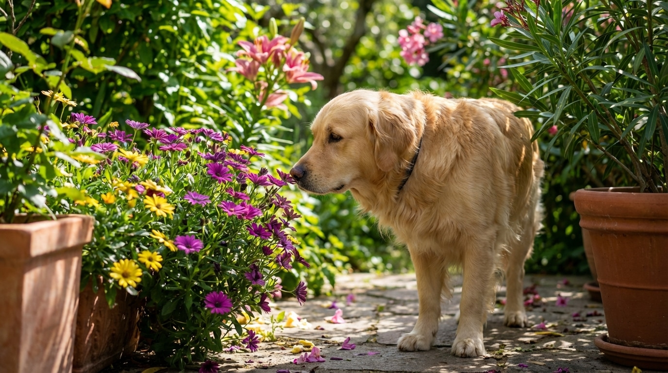Chien renifle fleurs toxiques jardin printemps