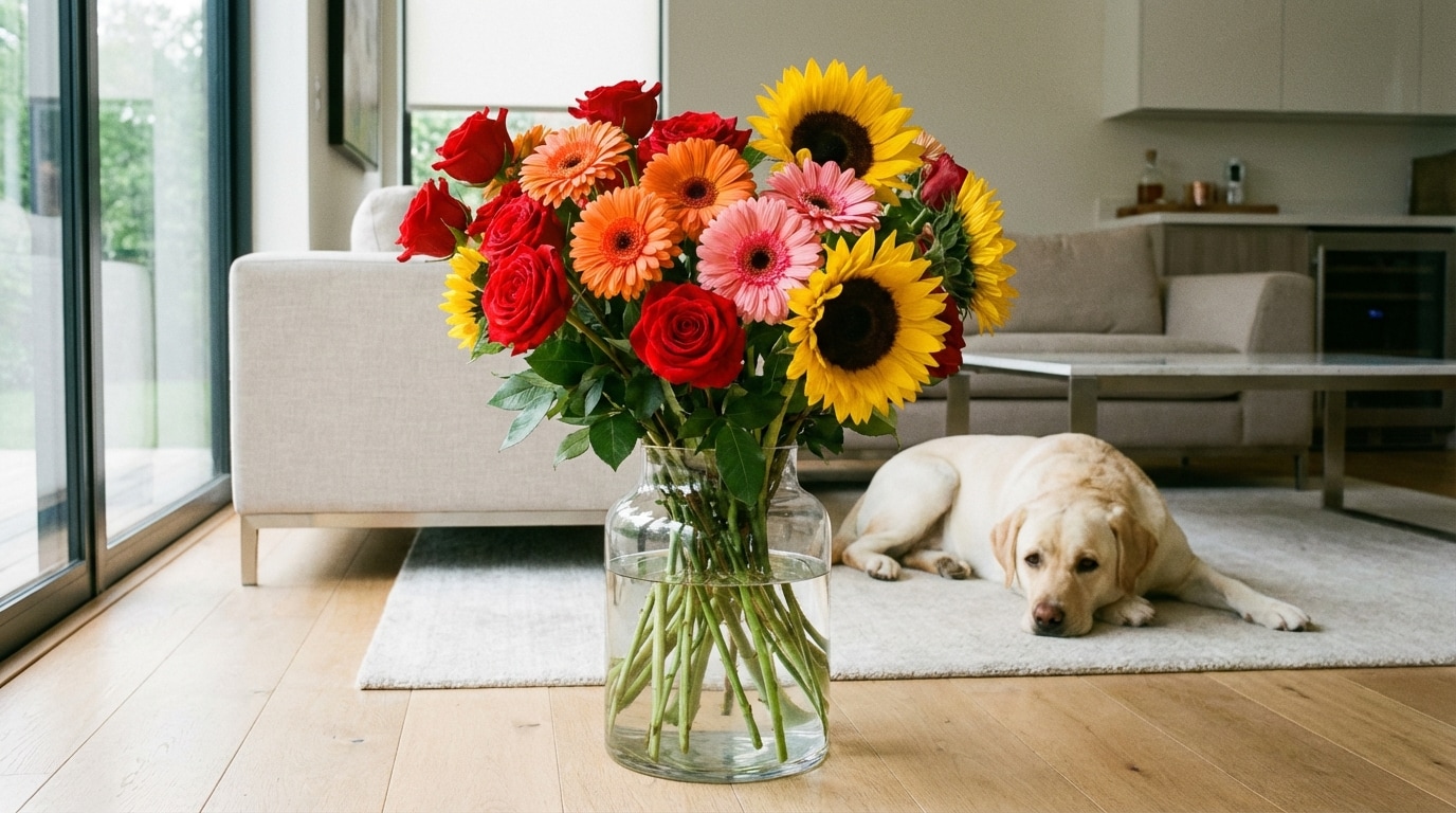 Roses gerberas tournesols fleurs sécurisées chiens