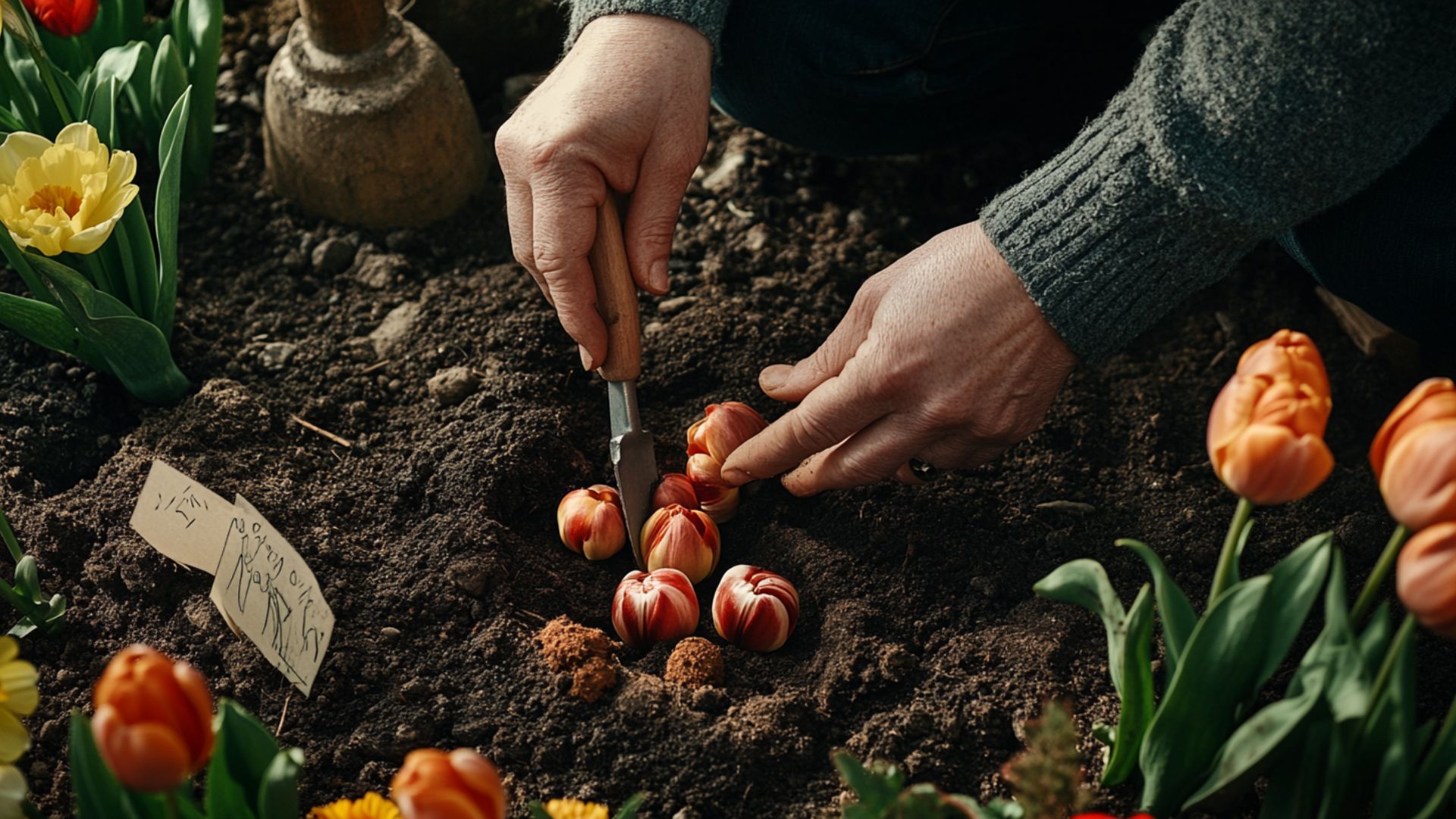 Plantation bulbes fleurs printemps technique jardinage terre préparée outils main expertes