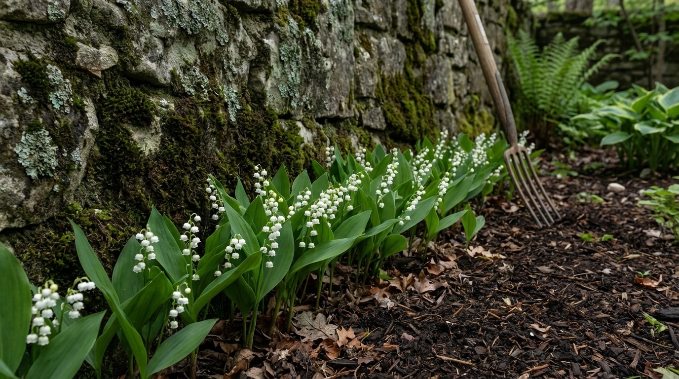 Emplacement ombragé muguet pied mur jardin