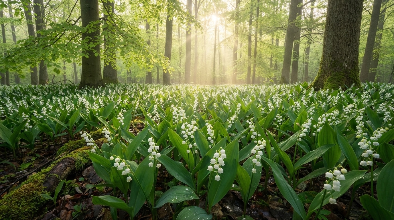 Muguet floraison printemps clochettes blanches sous-bois