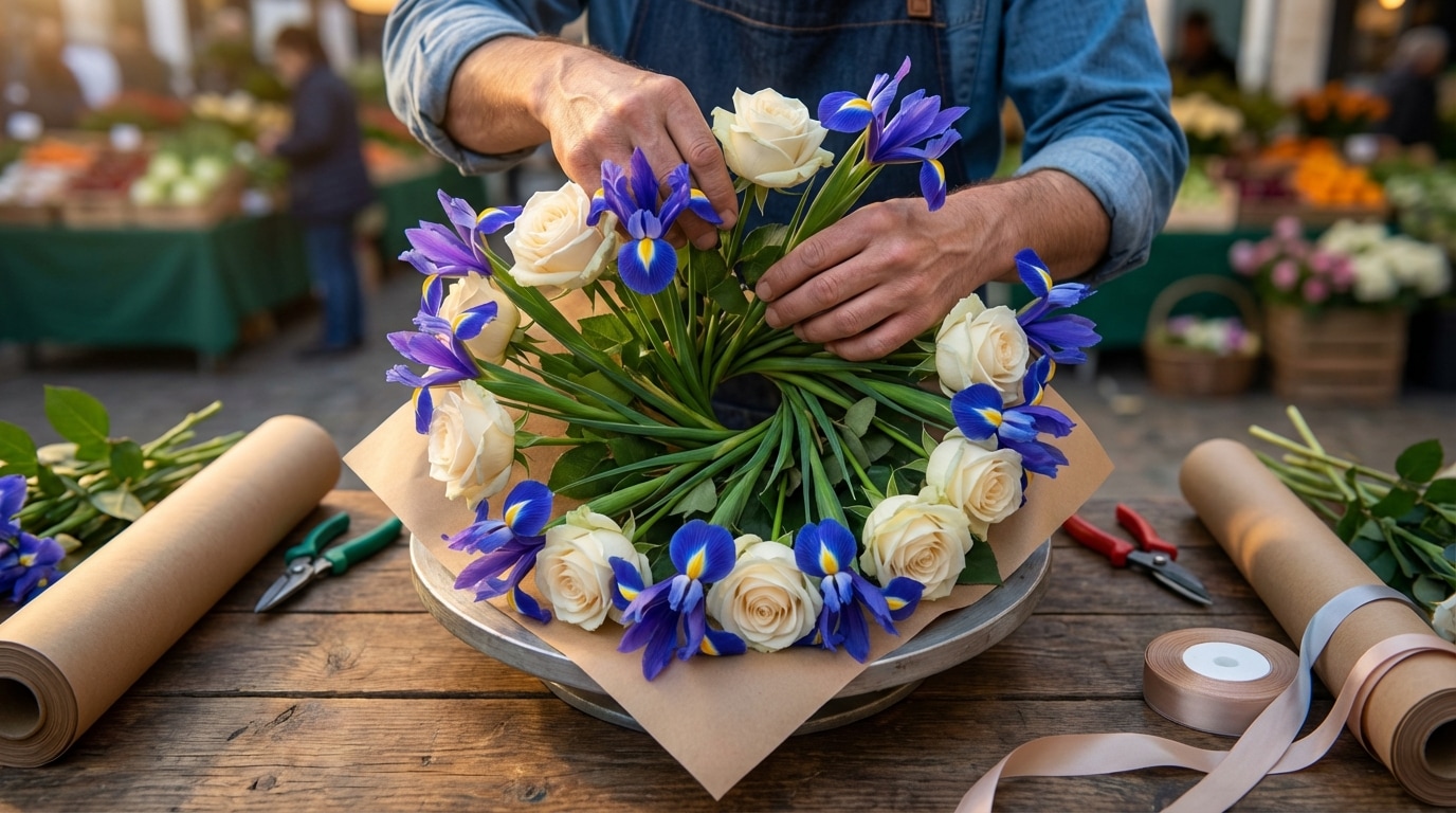 Créations florales artisanales bouquets bleus accents