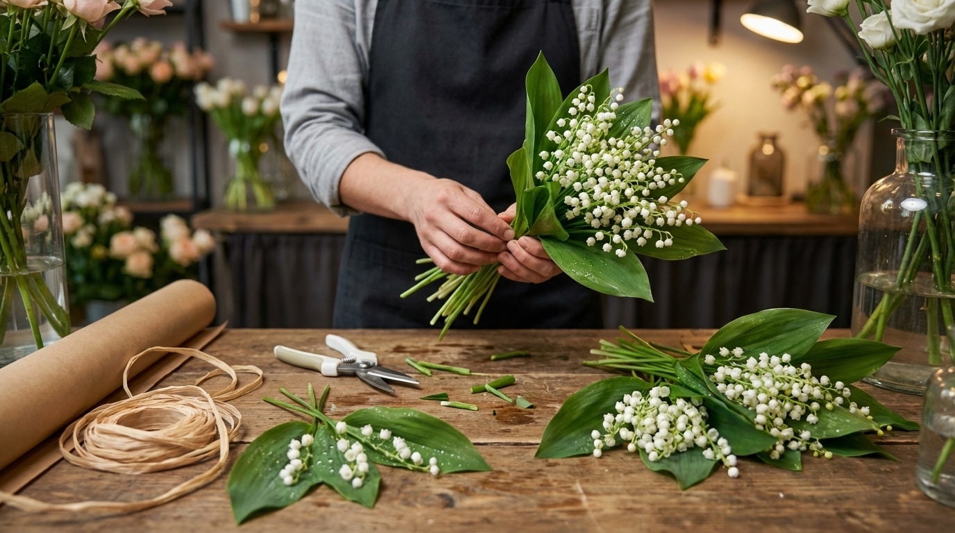 Fleuriste artisan prépare muguet bouquet frais livraison