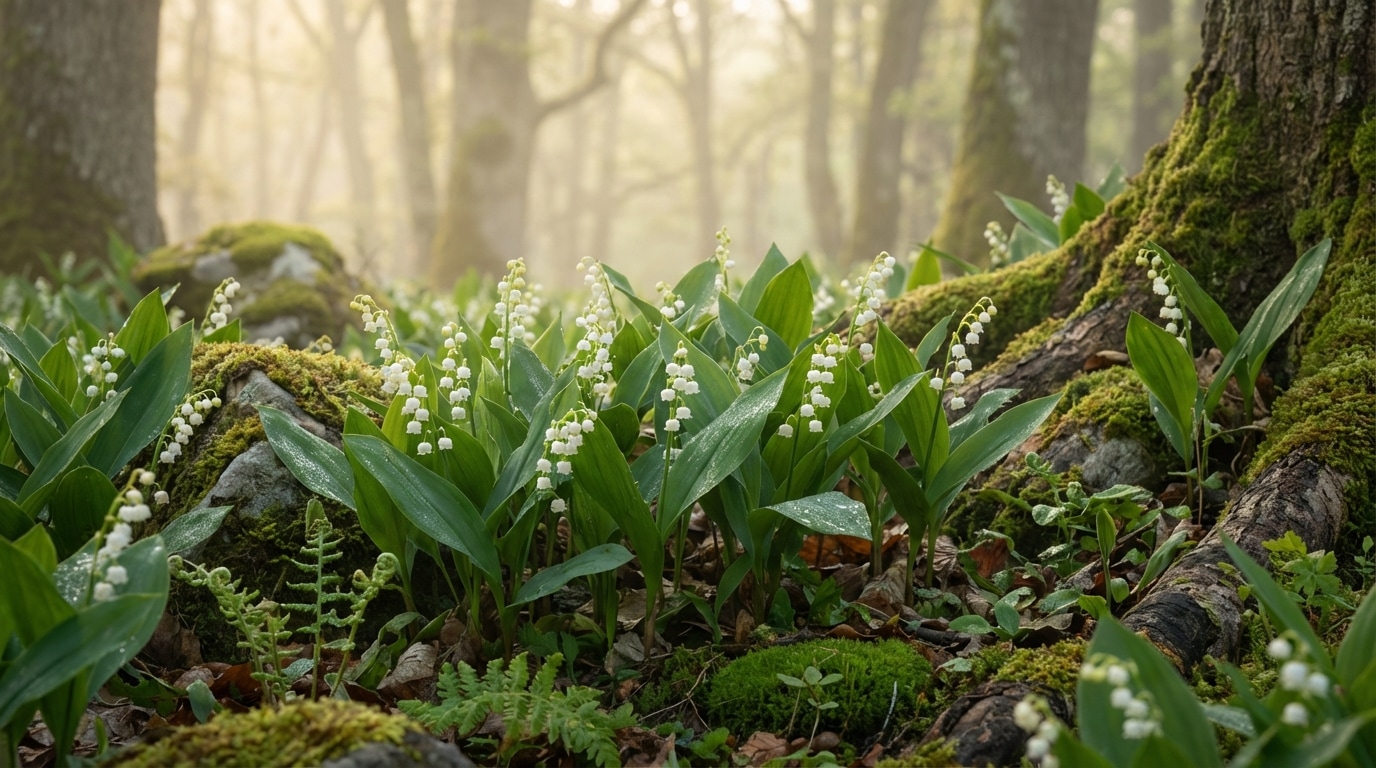 Muguet blanc forêt printemps symbole porte-bonheur mai