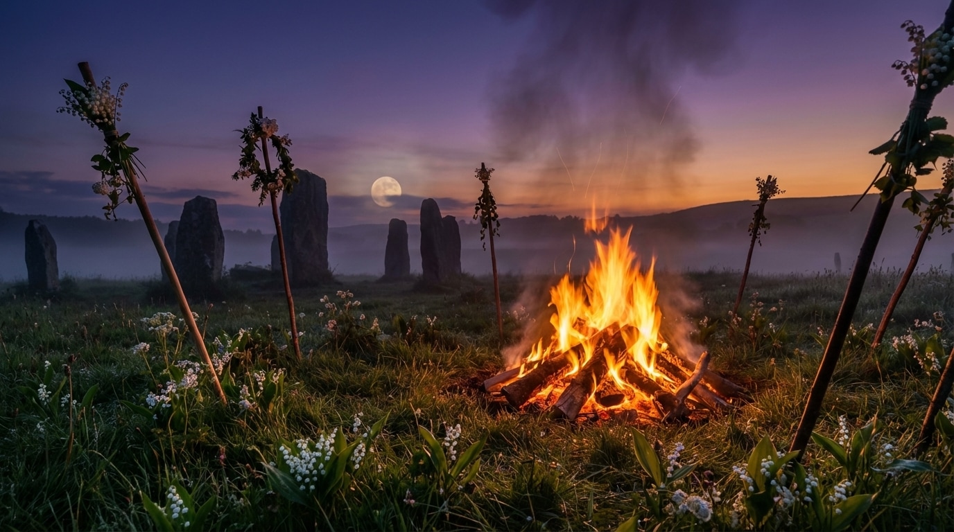 Tradition celtique Beltane feu printemps muguet forêt