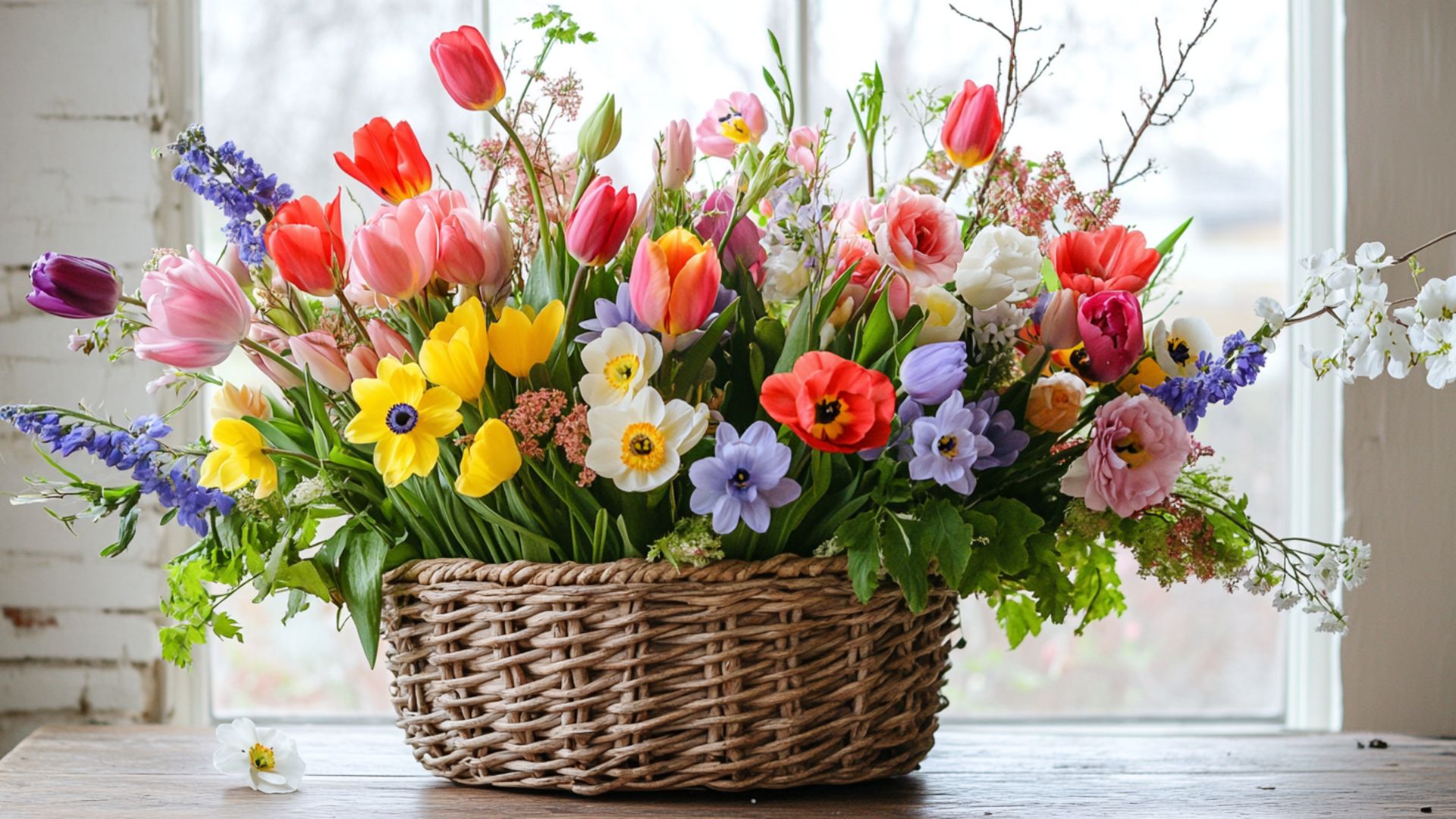 Composition florale printanière avec tulipes et jonquilles