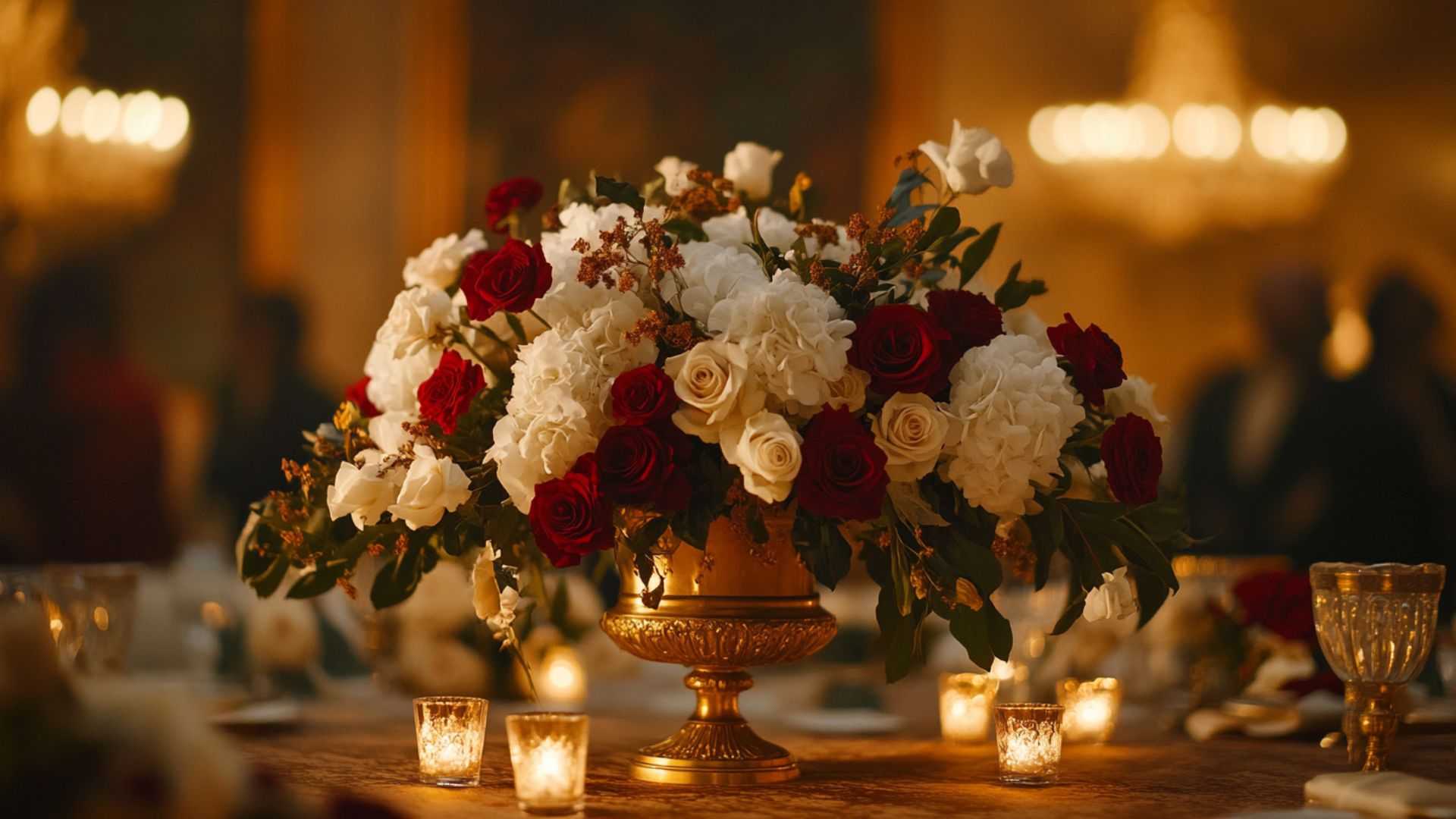 Mariage en juin : composition florale avec hortensias, roses et feuillage tropical