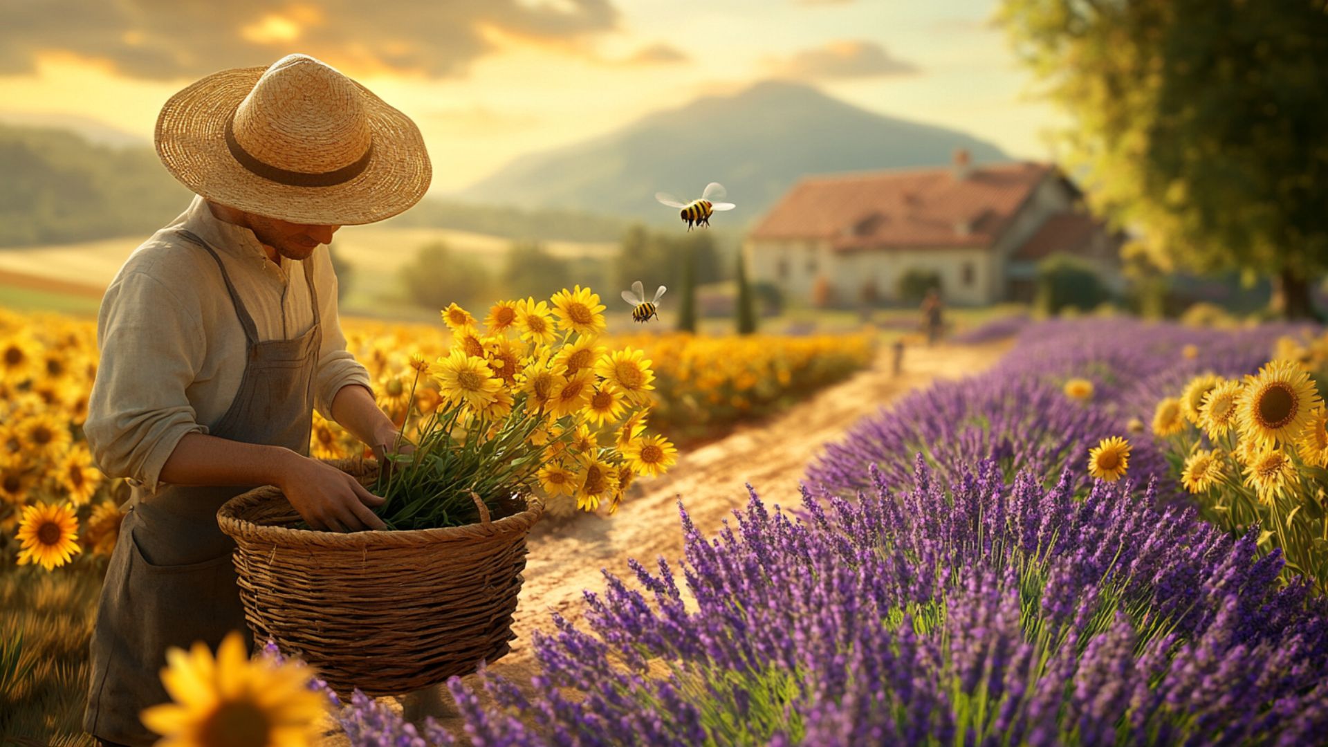 Producteur local récoltant des fleurs de juin : lavande, marguerites et tournesols