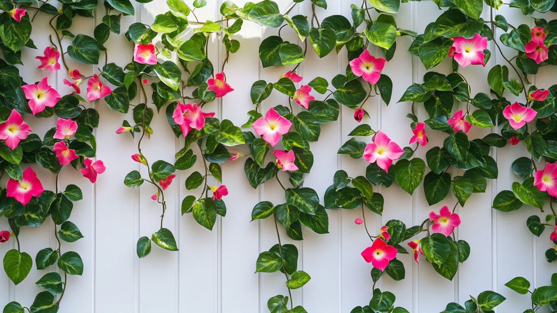 Dipladénia grimpant avec ses fleurs en trompette roses sur un support vertical