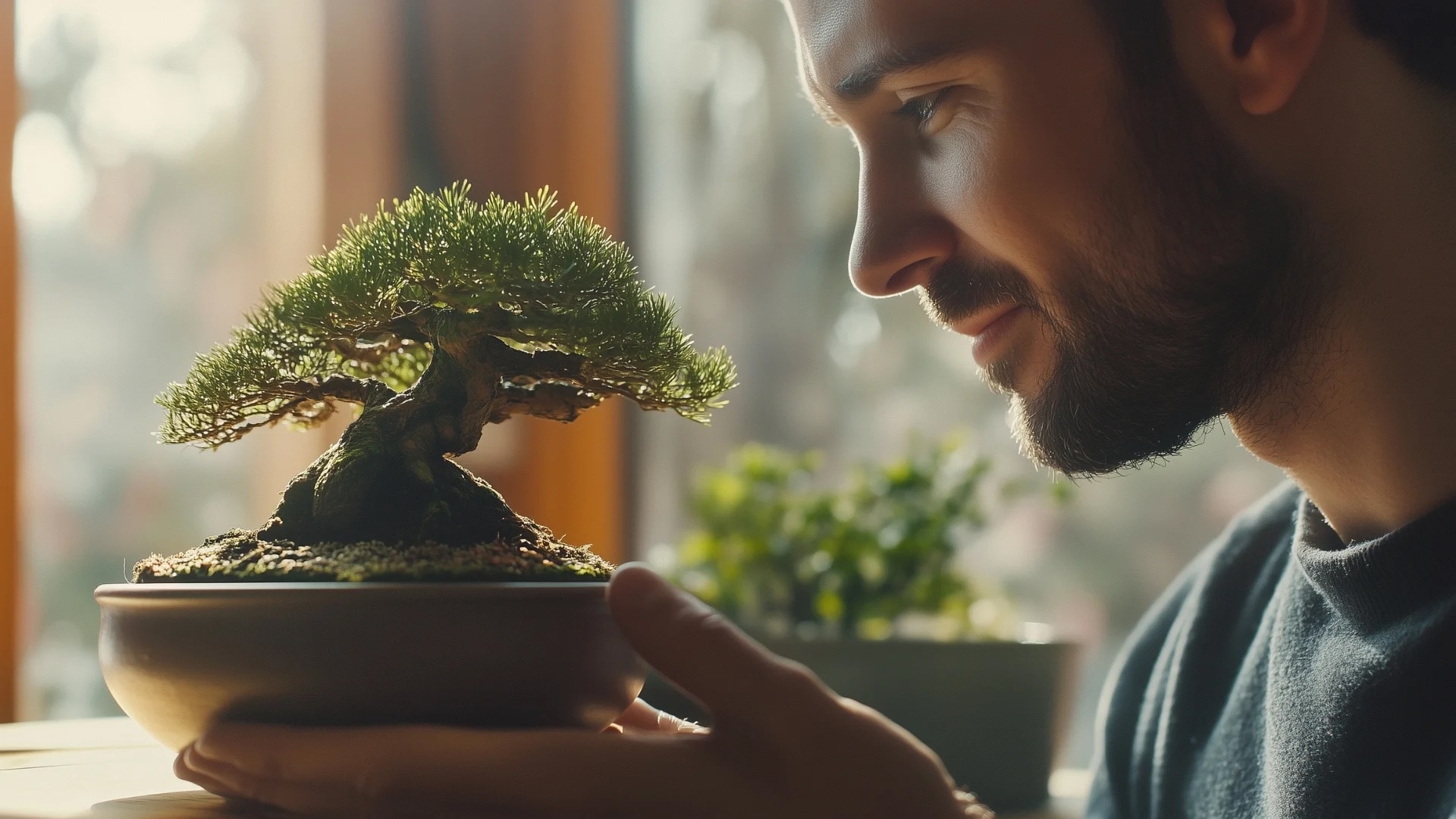 Homme recevant un bonsaï comme alternative aux fleurs traditionnelles