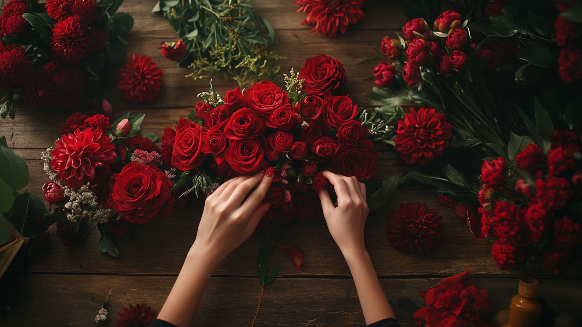 Composition florale bouquet fleurs rouges