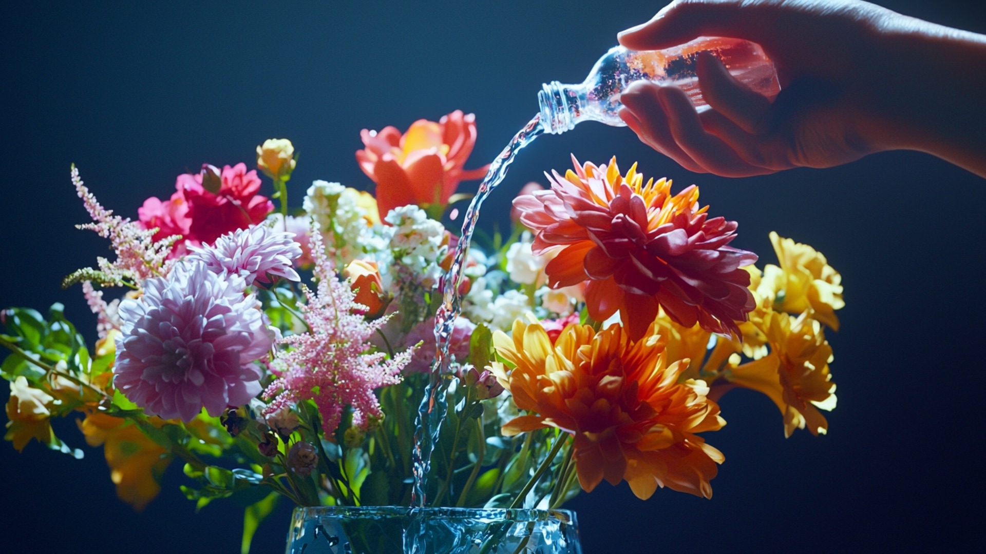 Ajout de solution nutritive dans l'eau d'un bouquet