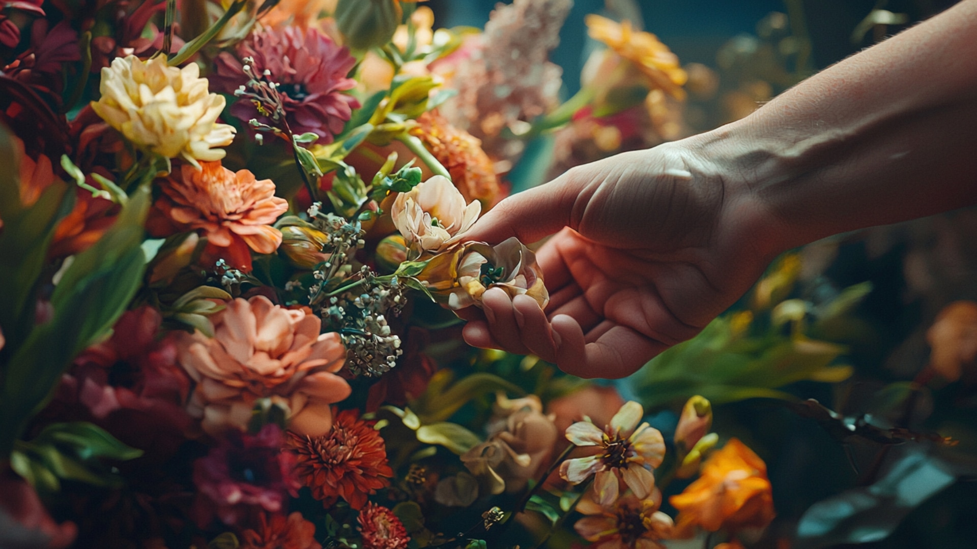 Retrait délicat d'une fleur fanée d'un bouquet