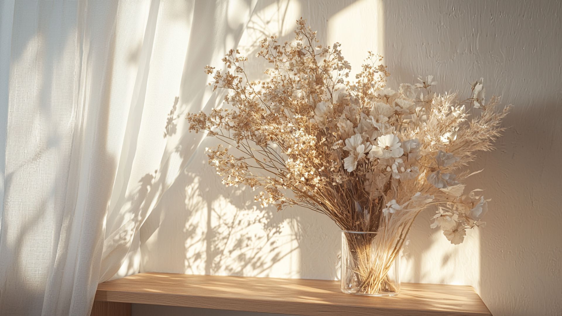 Bouquet de fleurs séchées exposé sur une étagère à l'abri de la lumière