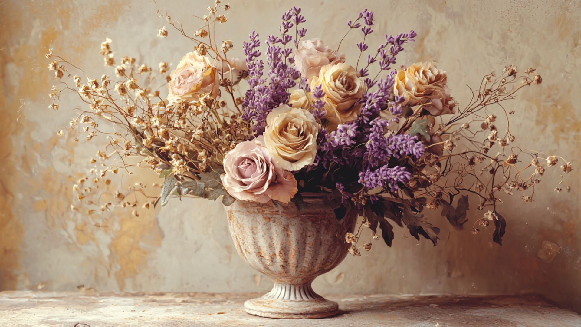 Composition artistique de fleurs séchées aux textures et couleurs variées