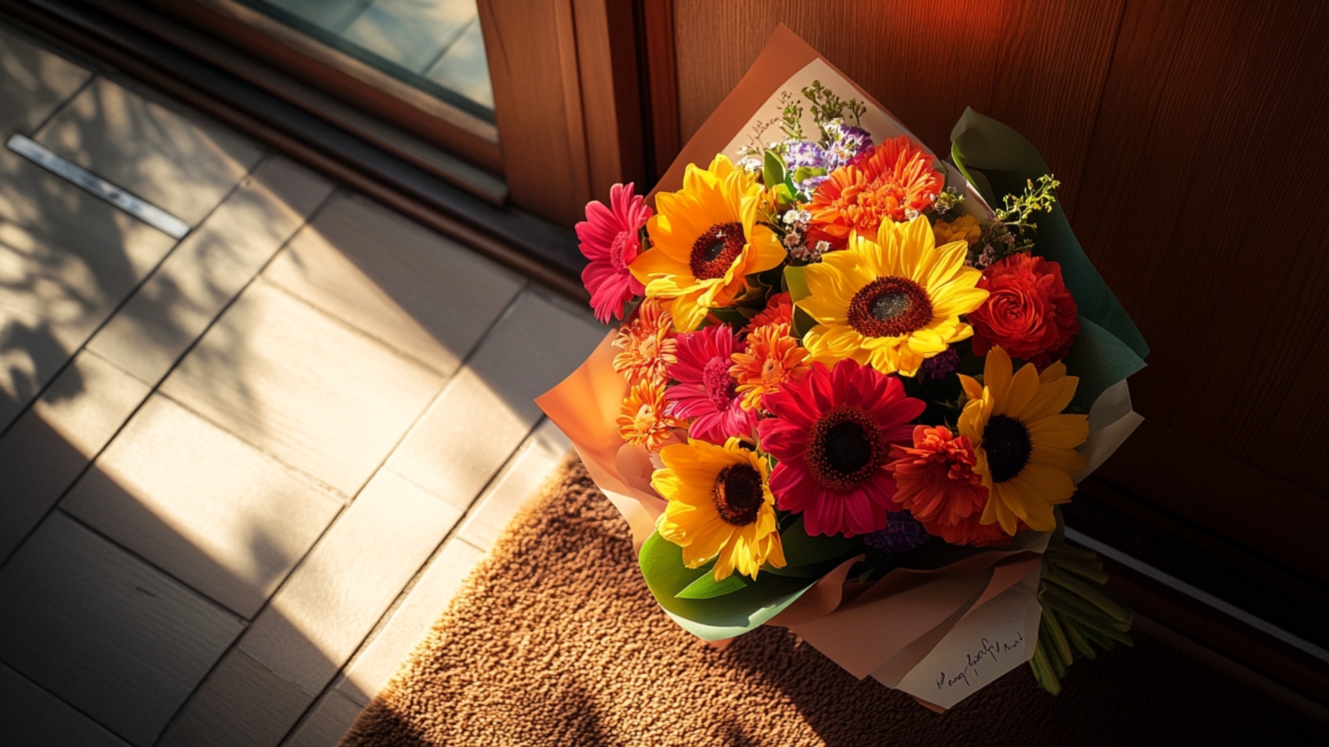 Un bouquet coloré livré à domicile, posé devant une porte élégante